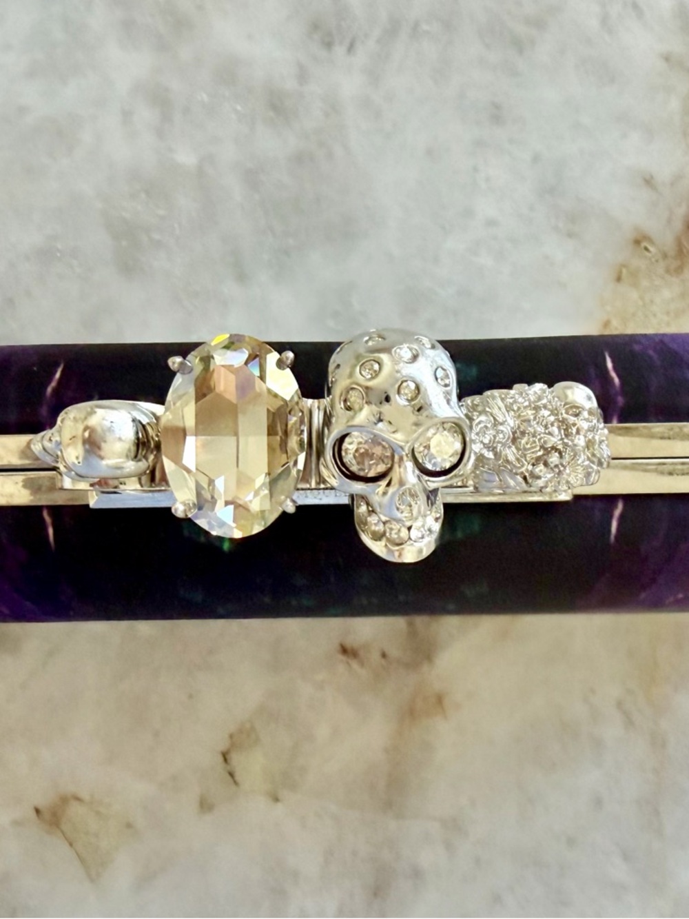 Alexander McQueen Silver Crystal Skull Four-Finger Ring Knuckle Satin Clutch - Picture 5 of 16